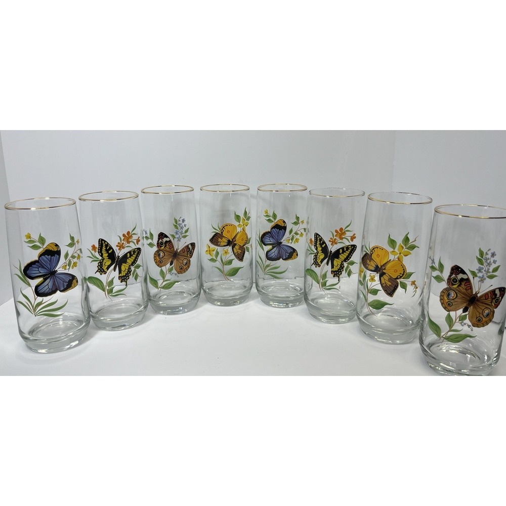 VTG Set Of 8 West Virginia Glass BUTTERFLIES 20 Ounce Tall Glasses W/Gold Rim 7"